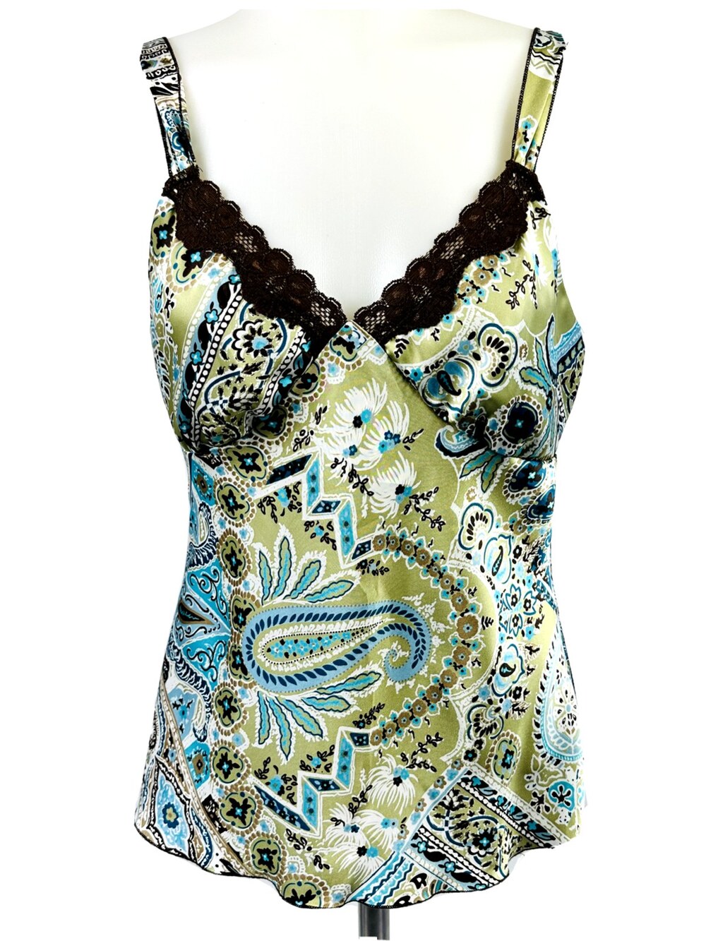 IZ Byer California Y2K Women's Medium Tank Top Paisley Lime Green Brown Lace USA